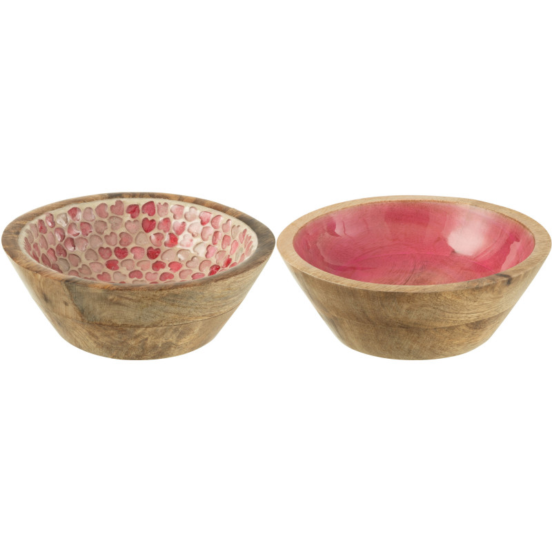 Lot de 2 Bols apéro romantique chic Rond 15 cm Bois de manguier Naturel Rose Motif coeurs Amorossi 