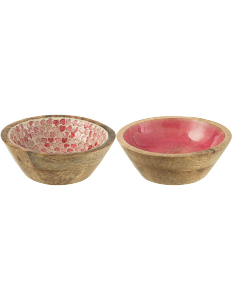 Lot de 2 Bols apéro romantique chic Rond 15 cm Bois de manguier Naturel Rose Motif coeurs Amorossi 