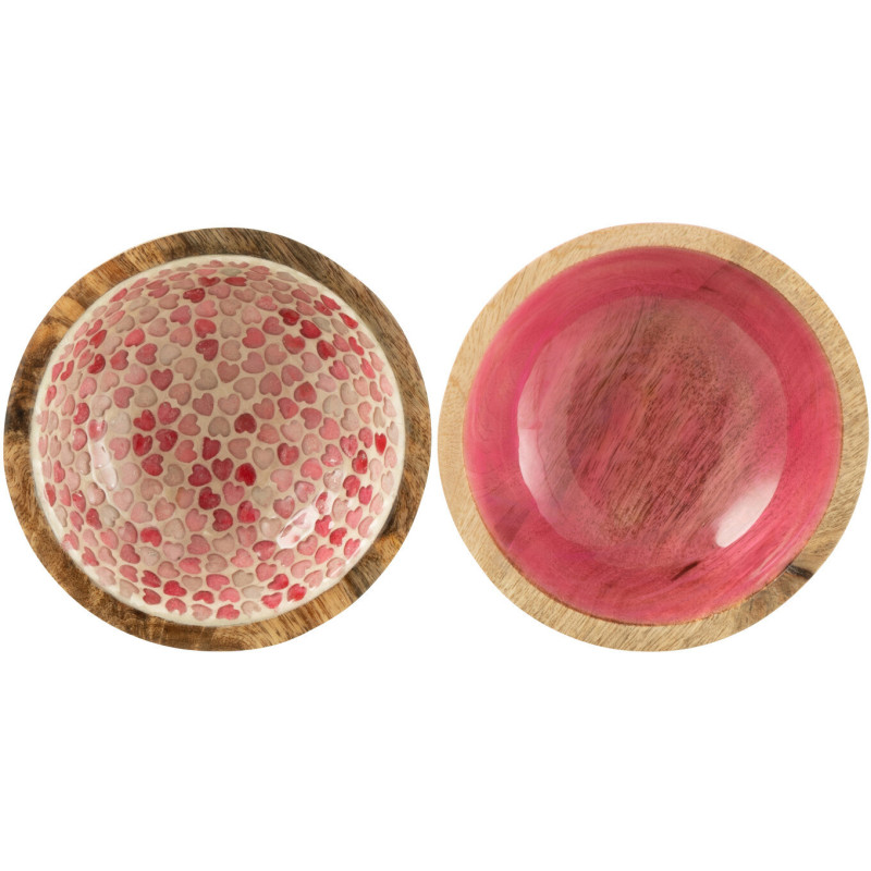 Lot de 2 Bols apéro romantique chic Rond 15 cm Bois de manguier Naturel Rose Motif coeurs Amorossi 