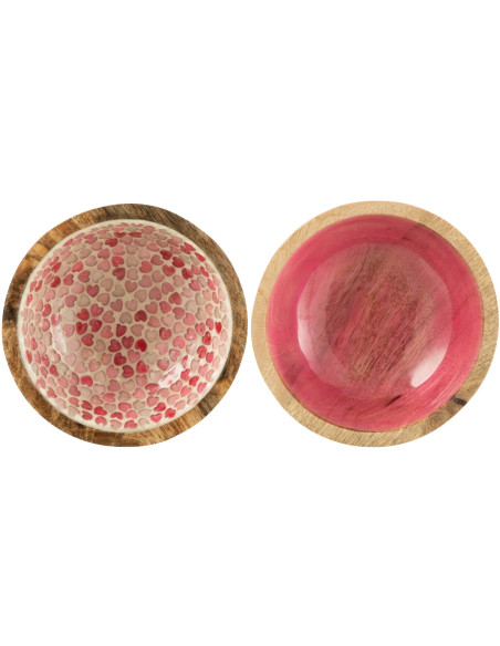 Lot de 2 Bols apéro romantique chic Rond 15 cm Bois de manguier Naturel Rose Motif coeurs Amorossi 