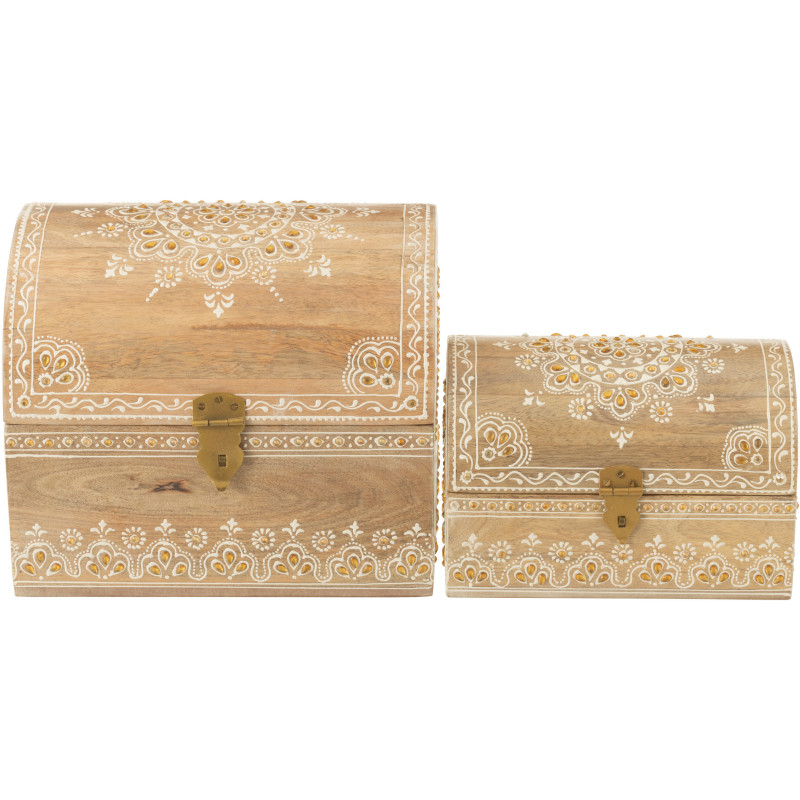 Lot de 2 Boites de rangement déco ethnique chic Rectangulaire Bois de manguier Naturel Perle Orange Sahéra 