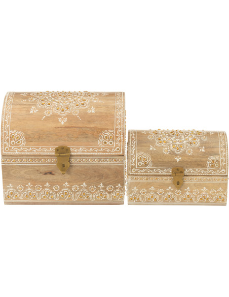 Lot de 2 Boites de rangement déco ethnique chic Rectangulaire Bois de manguier Naturel Perle Orange Sahéra 