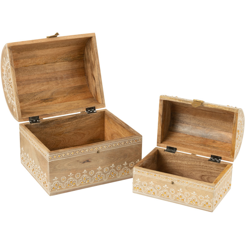 Lot de 2 Boites de rangement déco ethnique chic Rectangulaire Bois de manguier Naturel Perle Orange Sahéra 