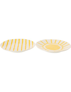 Lot de 2 Assiettes plates style méditerranéen Organique 28 cm Dolomite Blanc Jaune Motif lignes Solawa 