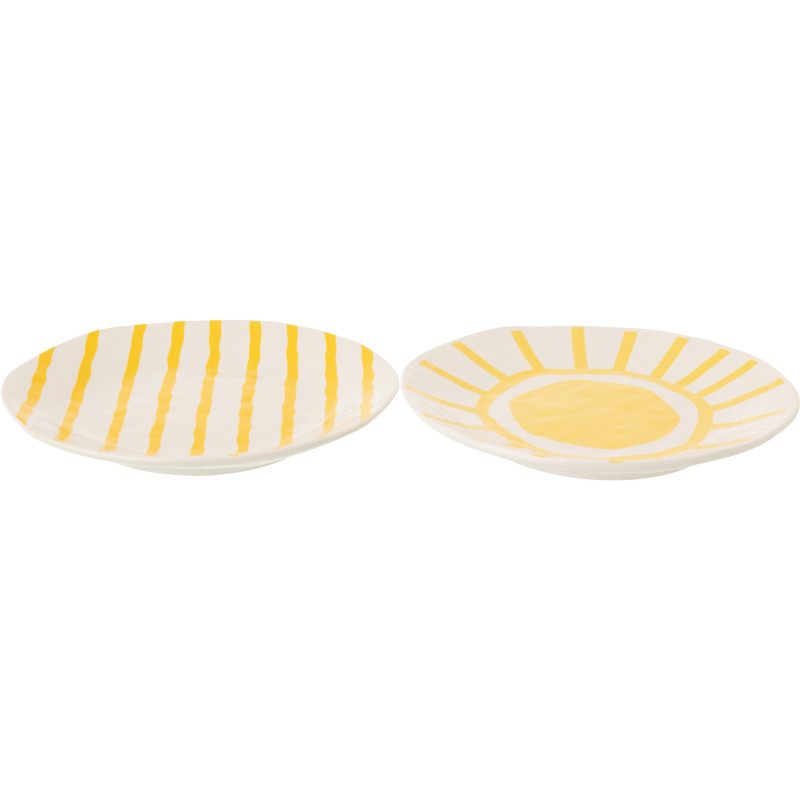 Lot de 2 Assiettes plates style méditerranéen Organique 28 cm Dolomite Blanc Jaune Motif lignes Solawa 