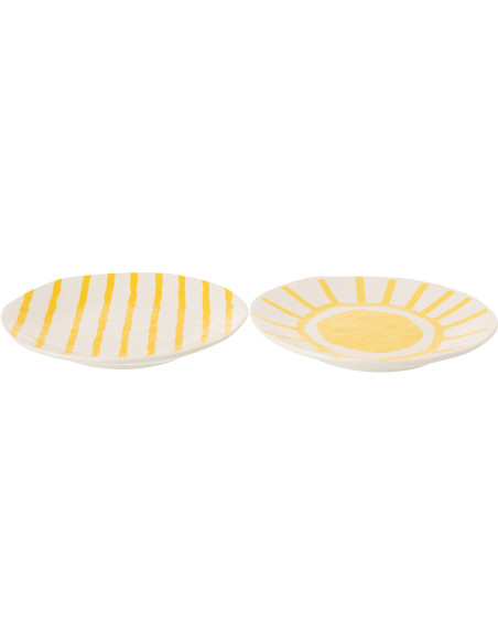 Lot de 2 Assiettes plates style méditerranéen Organique 28 cm Dolomite Blanc Jaune Motif lignes Solawa 