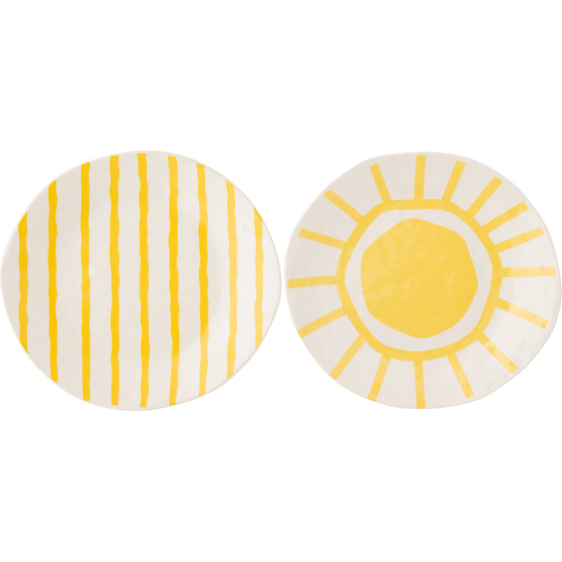 Lot de 2 Assiettes plates style méditerranéen Organique 28 cm Dolomite Blanc Jaune Motif lignes Solawa 