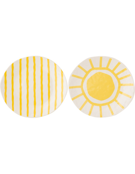 Lot de 2 Assiettes plates style méditerranéen Organique 28 cm Dolomite Blanc Jaune Motif lignes Solawa 