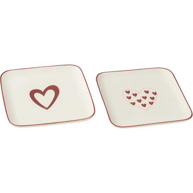 Lot de 2 Assiettes à dessert romantique Coeurs Carrée Porcelaine Blanc Rouge Lovessy 