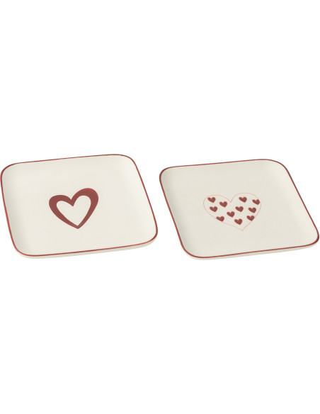 Lot de 2 Assiettes à dessert romantique Coeurs Carrée Porcelaine Blanc Rouge Lovessy 