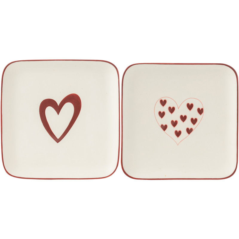 Lot de 2 Assiettes à dessert romantique Coeurs Carrée Porcelaine Blanc Rouge Lovessy 
