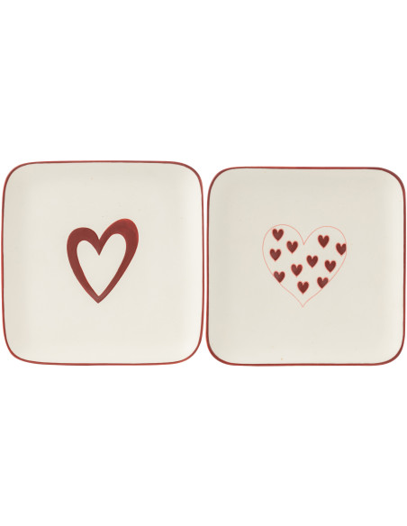 Lot de 2 Assiettes à dessert romantique Coeurs Carrée Porcelaine Blanc Rouge Lovessy 