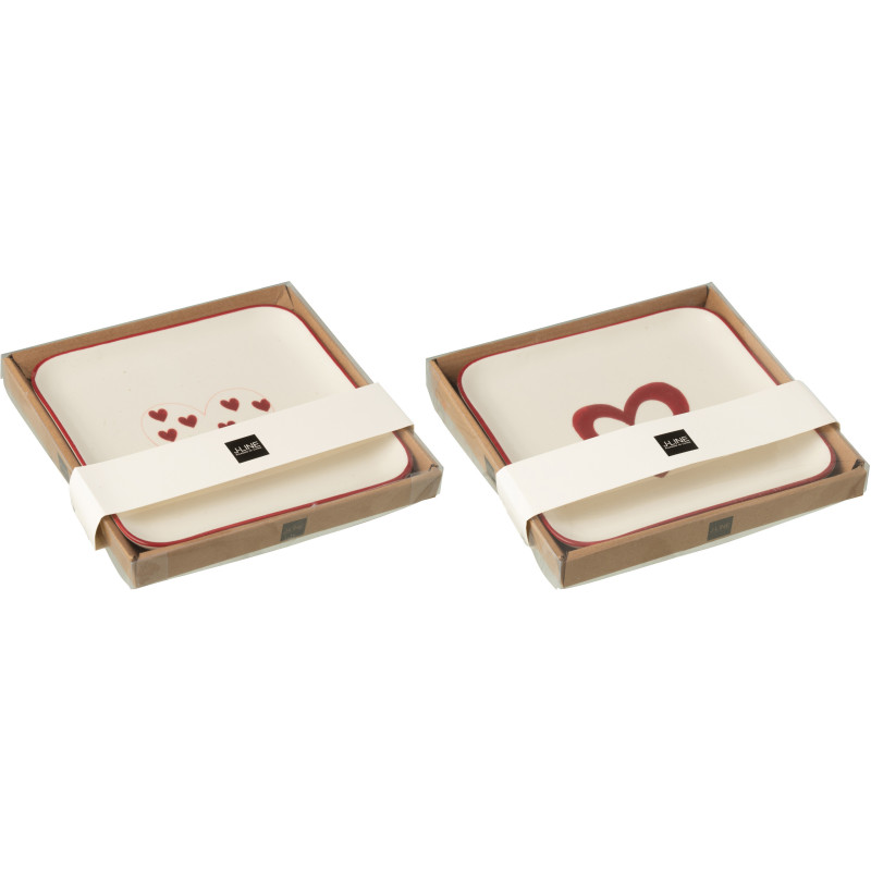 Lot de 2 Assiettes à dessert romantique Coeurs Carrée Porcelaine Blanc Rouge Lovessy 