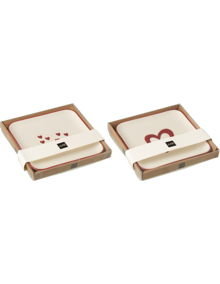 Lot de 2 Assiettes à dessert romantique Coeurs Carrée Porcelaine Blanc Rouge Lovessy 