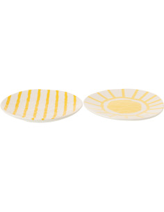 Lot de 2 Assiettes à dessert plates style méditerranéen Organique 23 cm Dolomite Blanc Jaune Motif lignes Solawa 