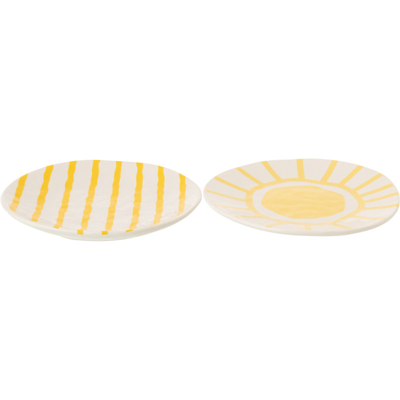Lot de 2 Assiettes à dessert plates style méditerranéen Organique 23 cm Dolomite Blanc Jaune Motif lignes Solawa 
