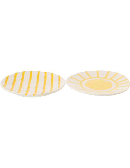 Lot de 2 Assiettes à dessert plates style méditerranéen Organique 23 cm Dolomite Blanc Jaune Motif lignes Solawa 