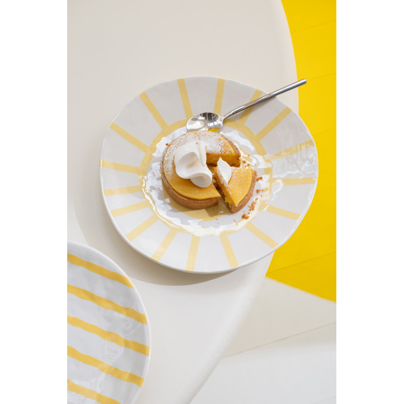 Lot de 2 Assiettes à dessert plates style méditerranéen Organique 23 cm Dolomite Blanc Jaune Motif lignes Solawa 