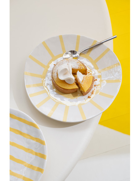 Lot de 2 Assiettes à dessert plates style méditerranéen Organique 23 cm Dolomite Blanc Jaune Motif lignes Solawa 