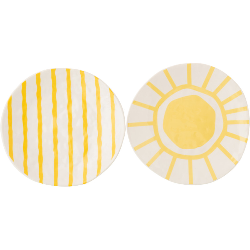 Lot de 2 Assiettes à dessert plates style méditerranéen Organique 23 cm Dolomite Blanc Jaune Motif lignes Solawa 