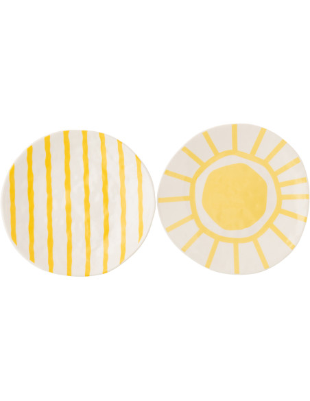 Lot de 2 Assiettes à dessert plates style méditerranéen Organique 23 cm Dolomite Blanc Jaune Motif lignes Solawa 