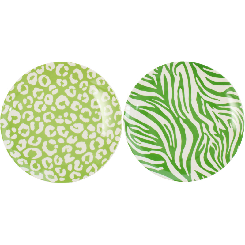 Lot de 2 Assiettes à dessert plate Jungle chic Ronde 20 cm Porcelaine Vert Blanc Motif zèbre & léopard Léoze 