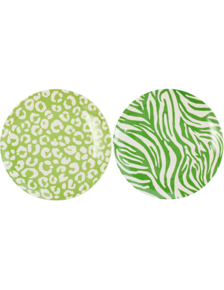 Lot de 2 Assiettes à dessert plate Jungle chic Ronde 20 cm Porcelaine Vert Blanc Motif zèbre & léopard Léoze 