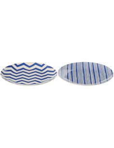 Lot de 2 Assiettes à dessert plate bord de mer Ronde 20 cm Porcelaine Bleu Blanc Motif lignes Ondeona 