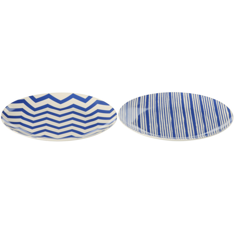 Lot de 2 Assiettes à dessert plate bord de mer Ronde 20 cm Porcelaine Bleu Blanc Motif lignes Ondeona 