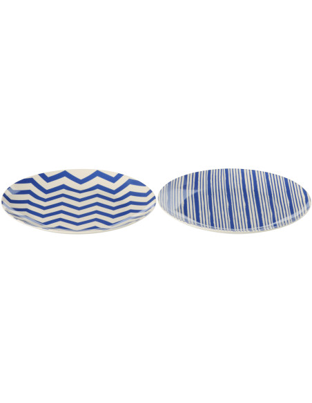 Lot de 2 Assiettes à dessert plate bord de mer Ronde 20 cm Porcelaine Bleu Blanc Motif lignes Ondeona 