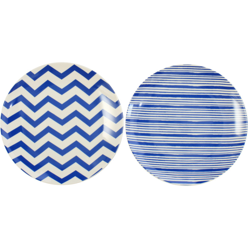 Lot de 2 Assiettes à dessert plate bord de mer Ronde 20 cm Porcelaine Bleu Blanc Motif lignes Ondeona 