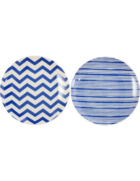 Lot de 2 Assiettes à dessert plate bord de mer Ronde 20 cm Porcelaine Bleu Blanc Motif lignes Ondeona 