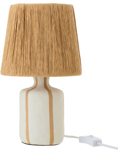 Lampe à poser style méditerranéen H 34 cm Céramique Blanc Beige Motif lignes Rotin synthétique Naturel Tressé Soléna 