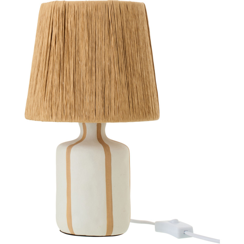 Lampe à poser style méditerranéen H 34 cm Céramique Blanc Beige Motif lignes Rotin synthétique Naturel Tressé Soléna 