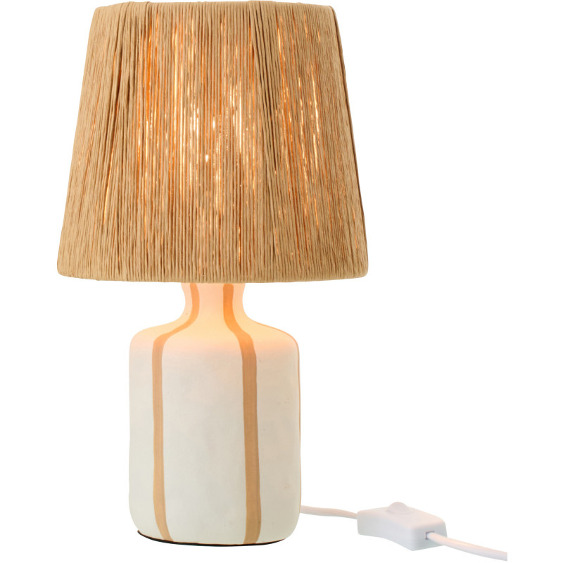 Lampe à poser style méditerranéen H 34 cm Céramique Blanc Beige Motif lignes Rotin synthétique Naturel Tressé Soléna 