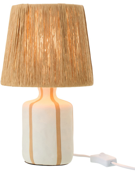 Lampe à poser style méditerranéen H 34 cm Céramique Blanc Beige Motif lignes Rotin synthétique Naturel Tressé Soléna 