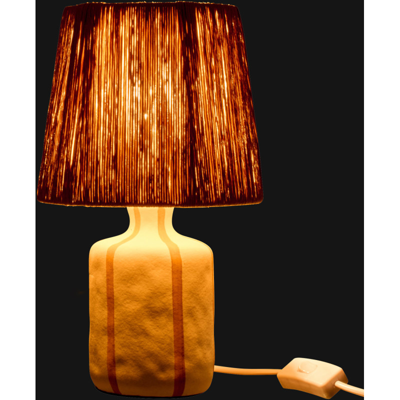 Lampe à poser style méditerranéen H 34 cm Céramique Blanc Beige Motif lignes Rotin synthétique Naturel Tressé Soléna 