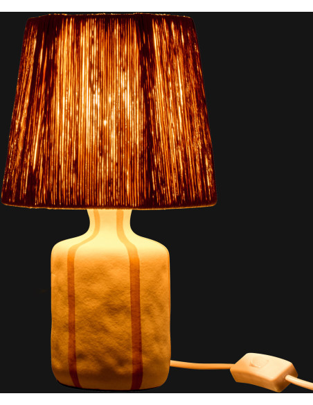 Lampe à poser style méditerranéen H 34 cm Céramique Blanc Beige Motif lignes Rotin synthétique Naturel Tressé Soléna 