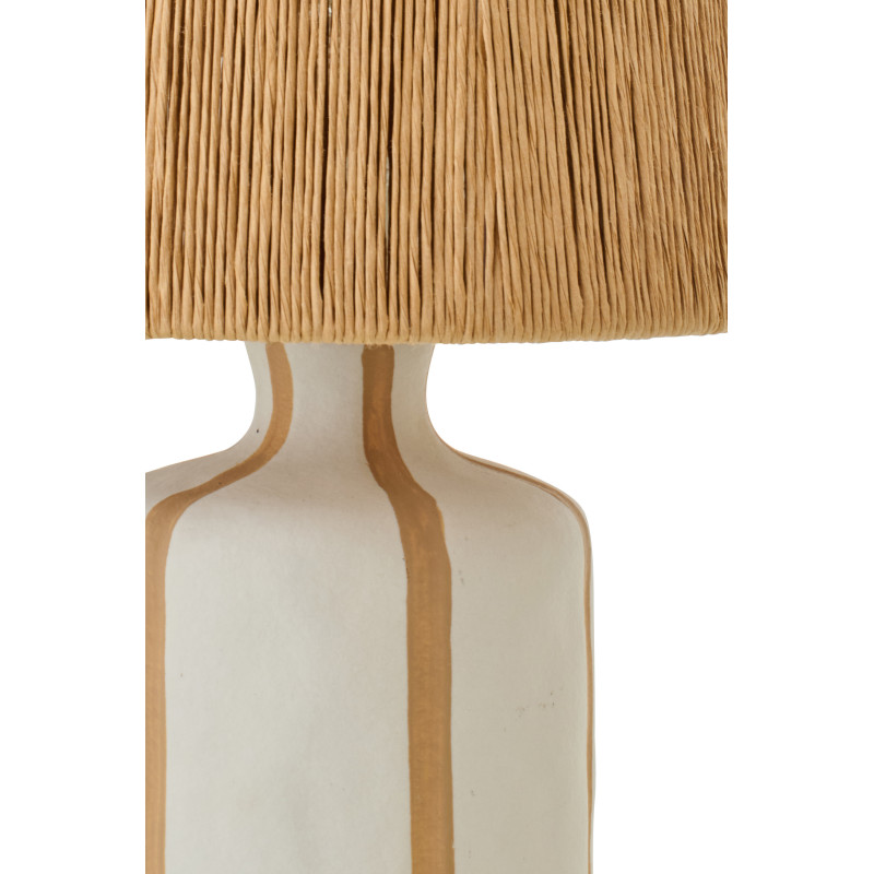 Lampe à poser style méditerranéen H 34 cm Céramique Blanc Beige Motif lignes Rotin synthétique Naturel Tressé Soléna 