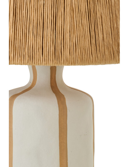 Lampe à poser style méditerranéen H 34 cm Céramique Blanc Beige Motif lignes Rotin synthétique Naturel Tressé Soléna 