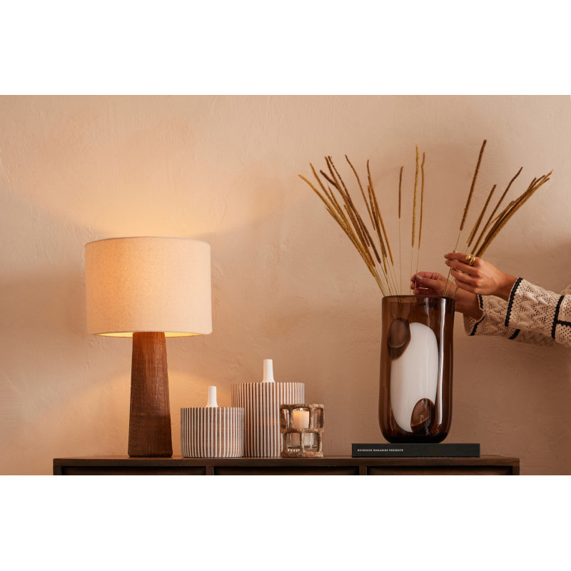 Lampe à poser style ethnique chic H 43 cm Céramique Marron foncé Effet bois Tissu Beige Tevera 