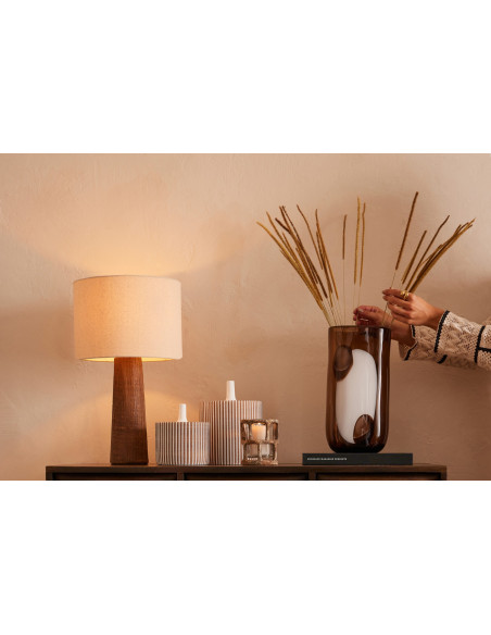 Lampe à poser style ethnique chic H 43 cm Céramique Marron foncé Effet bois Tissu Beige Tevera 