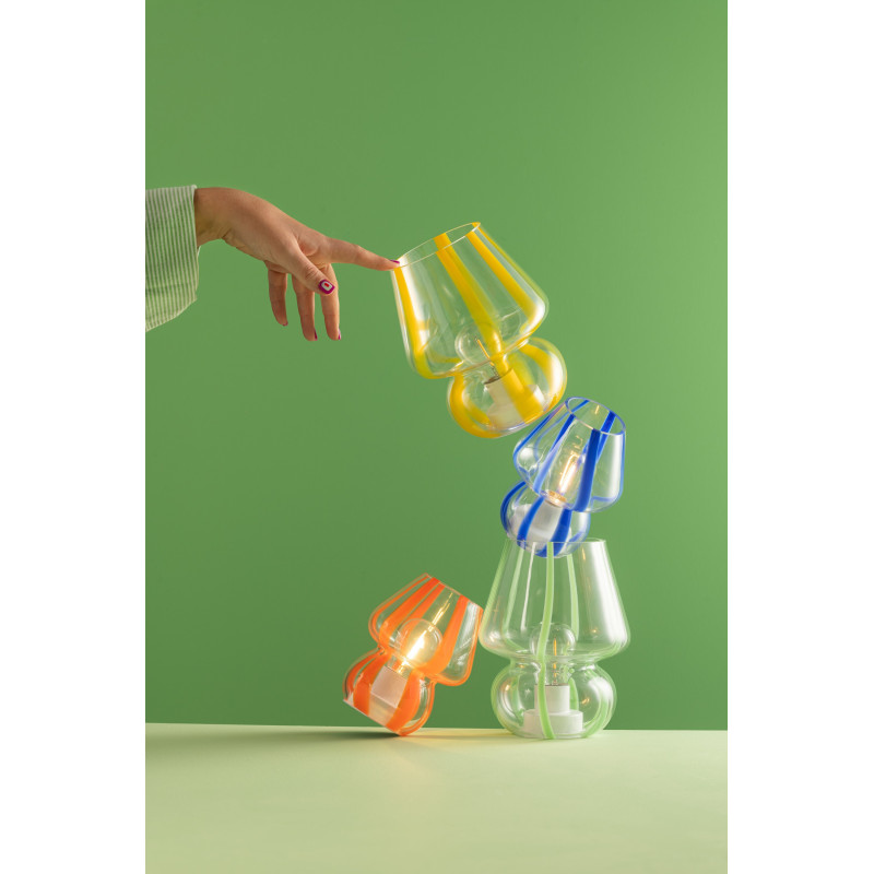 Lampe à poser Led rétro pop Champignon H 15 cm Verre Transparent Bleu Motif rayures Strionella 