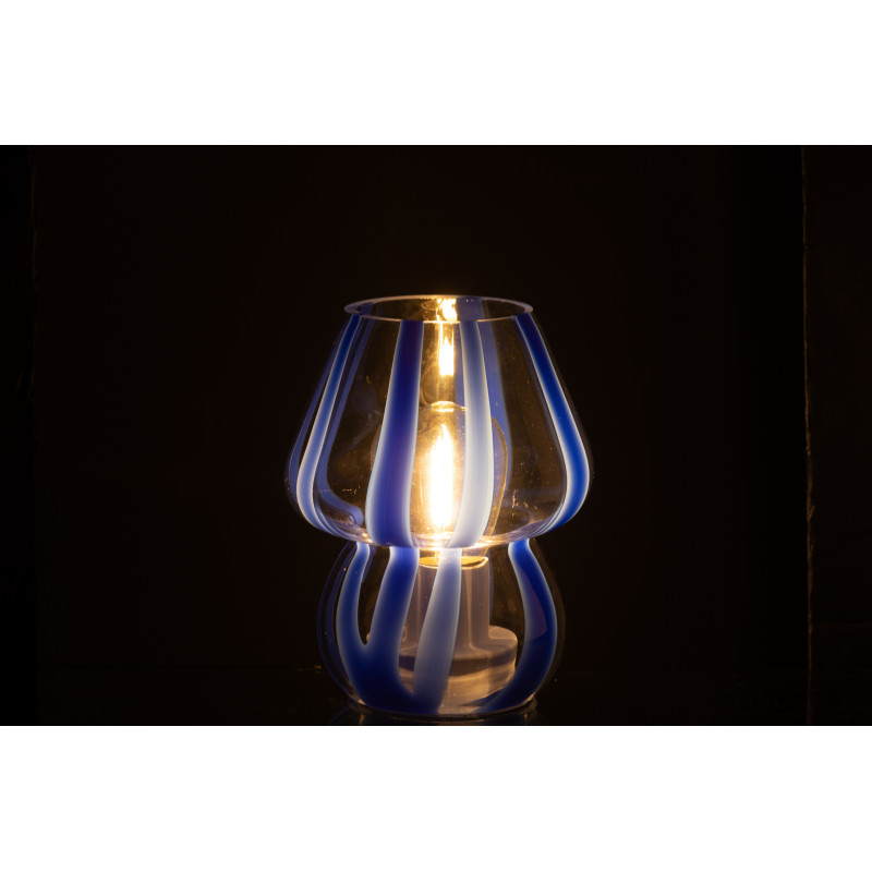 Lampe à poser Led rétro pop Champignon H 15 cm Verre Transparent Bleu Motif rayures Strionella 
