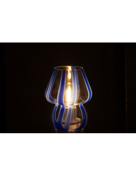 Lampe à poser Led rétro pop Champignon H 15 cm Verre Transparent Bleu Motif rayures Strionella 
