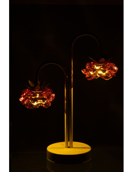 Lampe à poser Led originale 2 Fleurs H 37 cm Verre Orange Métal Blanc cassé Sunflya 