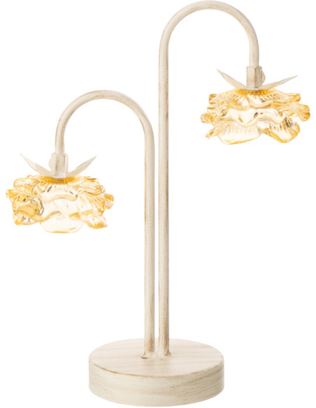 Lampe à poser Led originale 2 Fleurs H 37 cm Verre Jaune Métal Blanc cassé Sunflya 