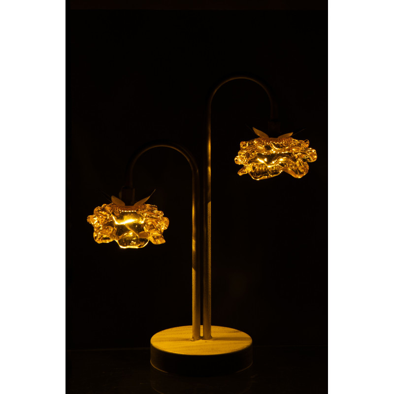 Lampe à poser Led originale 2 Fleurs H 37 cm Verre Jaune Métal Blanc cassé Sunflya 