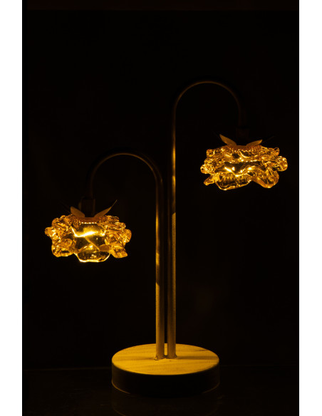 Lampe à poser Led originale 2 Fleurs H 37 cm Verre Jaune Métal Blanc cassé Sunflya 