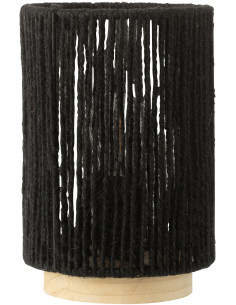 Lampe à poser Led ethnique chic cylindrique H 20 cm Coton Noir Tressé Bois Naturel Métal Shory 